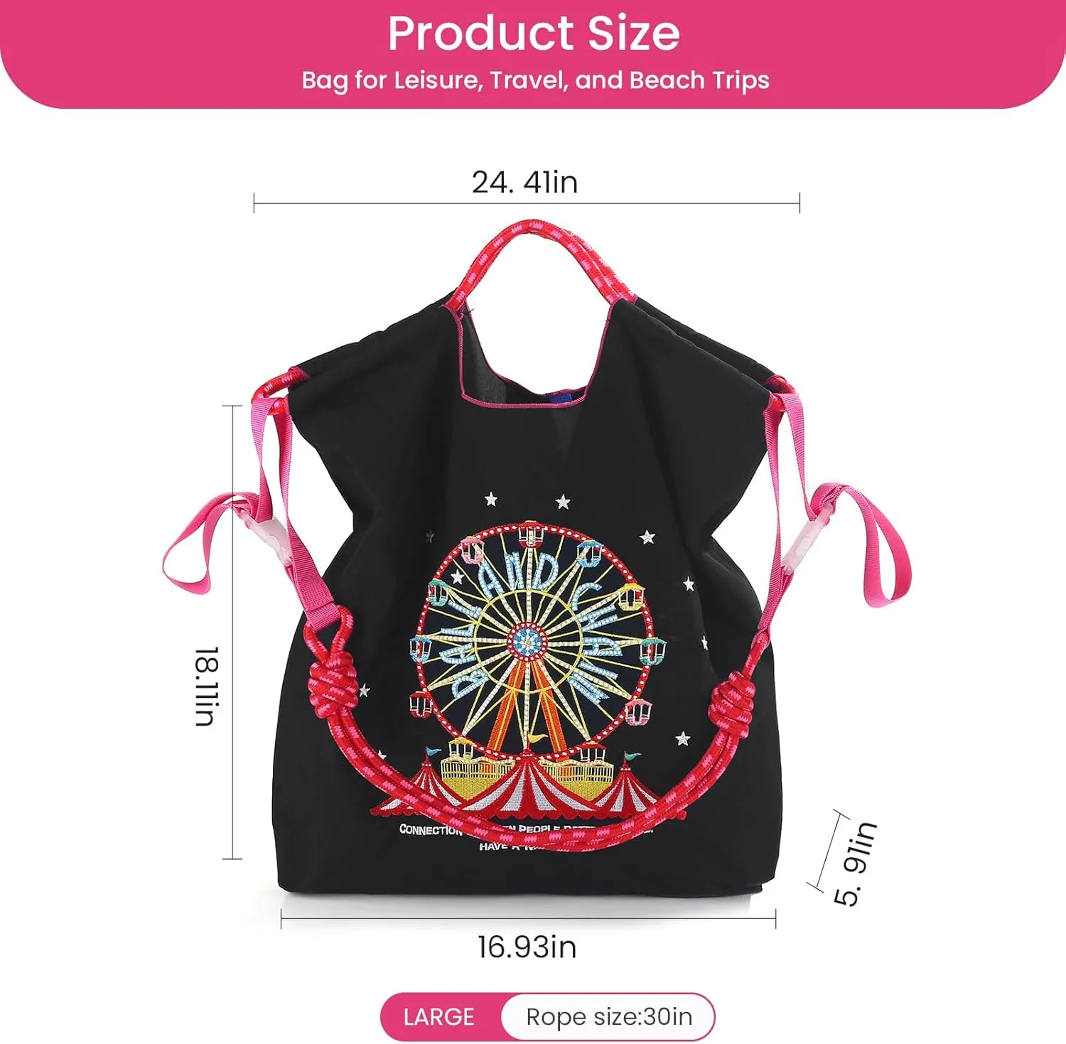 Ball&Chain Embroidery Ferris Wheel Nylon Tote Bag for Women, HandBags Large Capacity Casual Handbags for Mom Teacher Friend