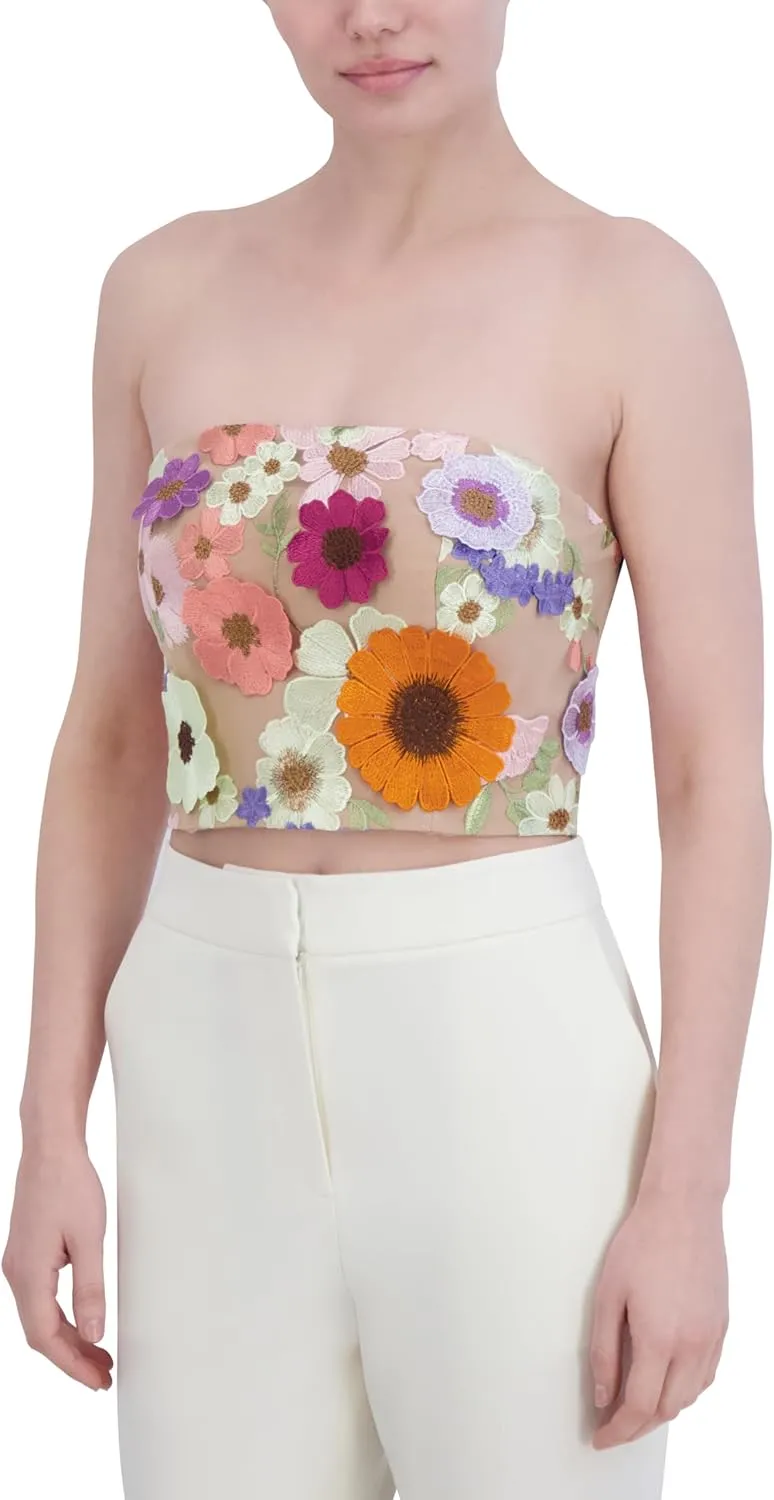 BCBGMAXAZRIA Women's Straight Neck Tulle Floral Bustier Strapless Top