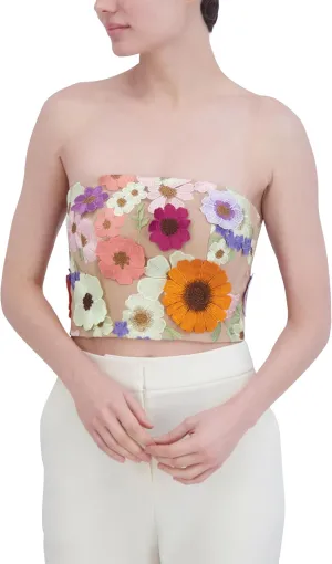 BCBGMAXAZRIA Women's Straight Neck Tulle Floral Bustier Strapless Top