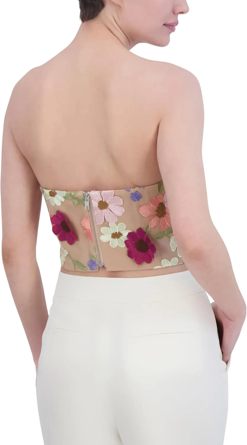 BCBGMAXAZRIA Women's Straight Neck Tulle Floral Bustier Strapless Top
