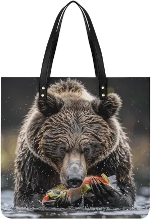 Bear Eats Fish Tote Bag Durable Water-Resistant Handbags Lightweight Tote for Travel Work Book