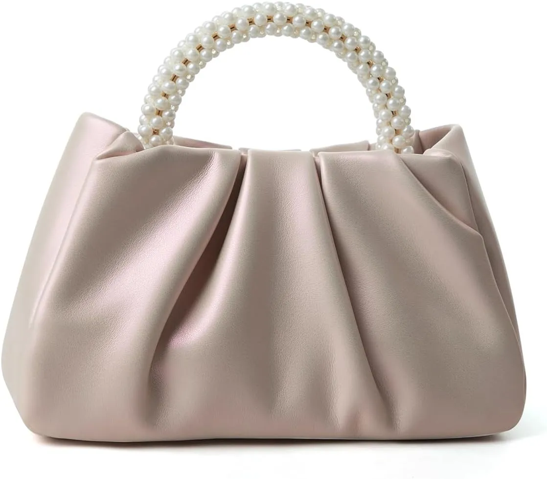 Beatfull Evening Purse Women Small Pearl Handbags Soft Leather Ruched Bag Wedding Bridal Clutch Party Prom Crossbody Purses