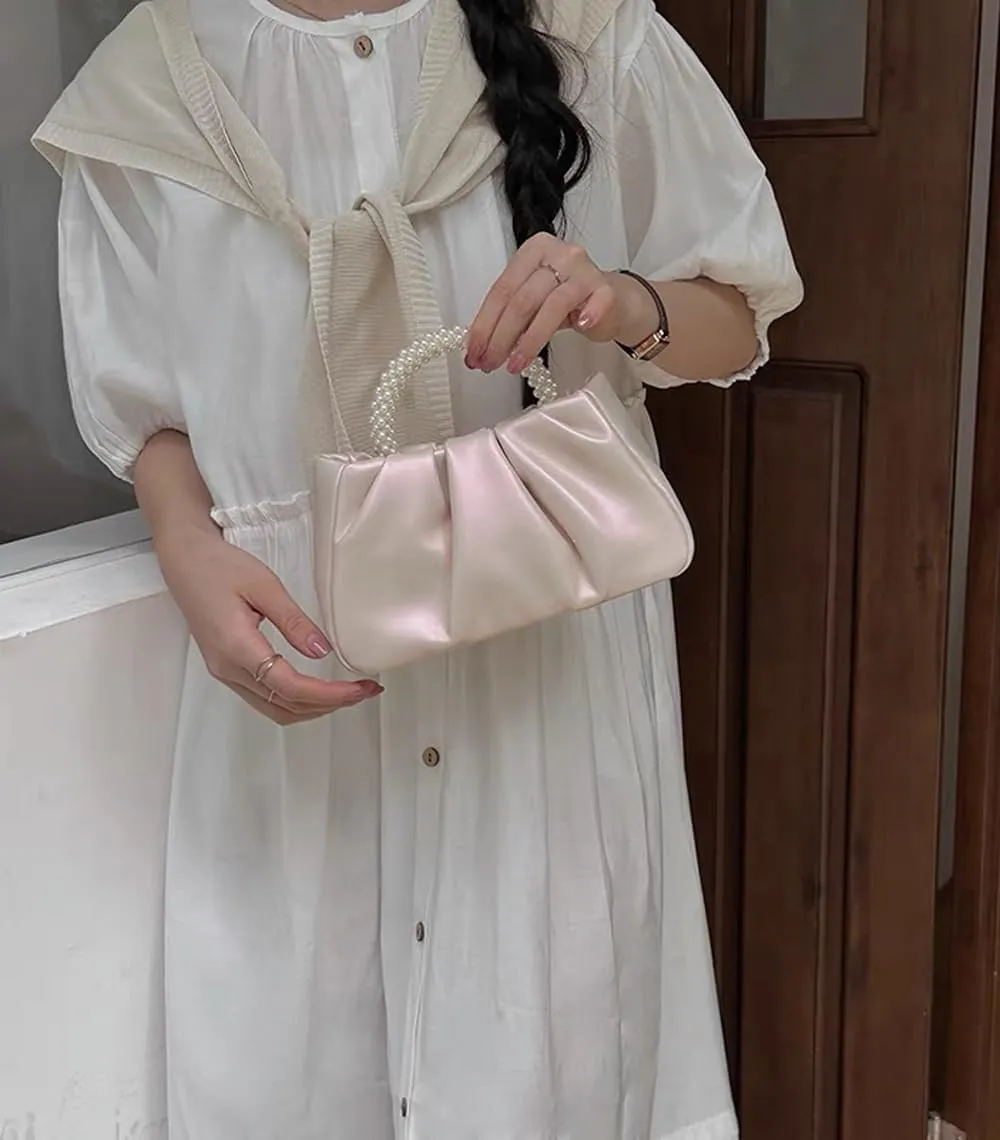 Beatfull Evening Purse Women Small Pearl Handbags Soft Leather Ruched Bag Wedding Bridal Clutch Party Prom Crossbody Purses