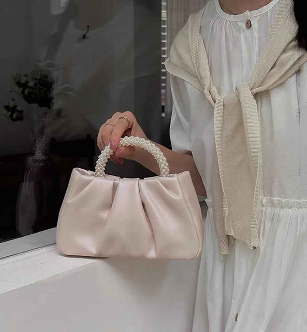 Beatfull Evening Purse Women Small Pearl Handbags Soft Leather Ruched Bag Wedding Bridal Clutch Party Prom Crossbody Purses