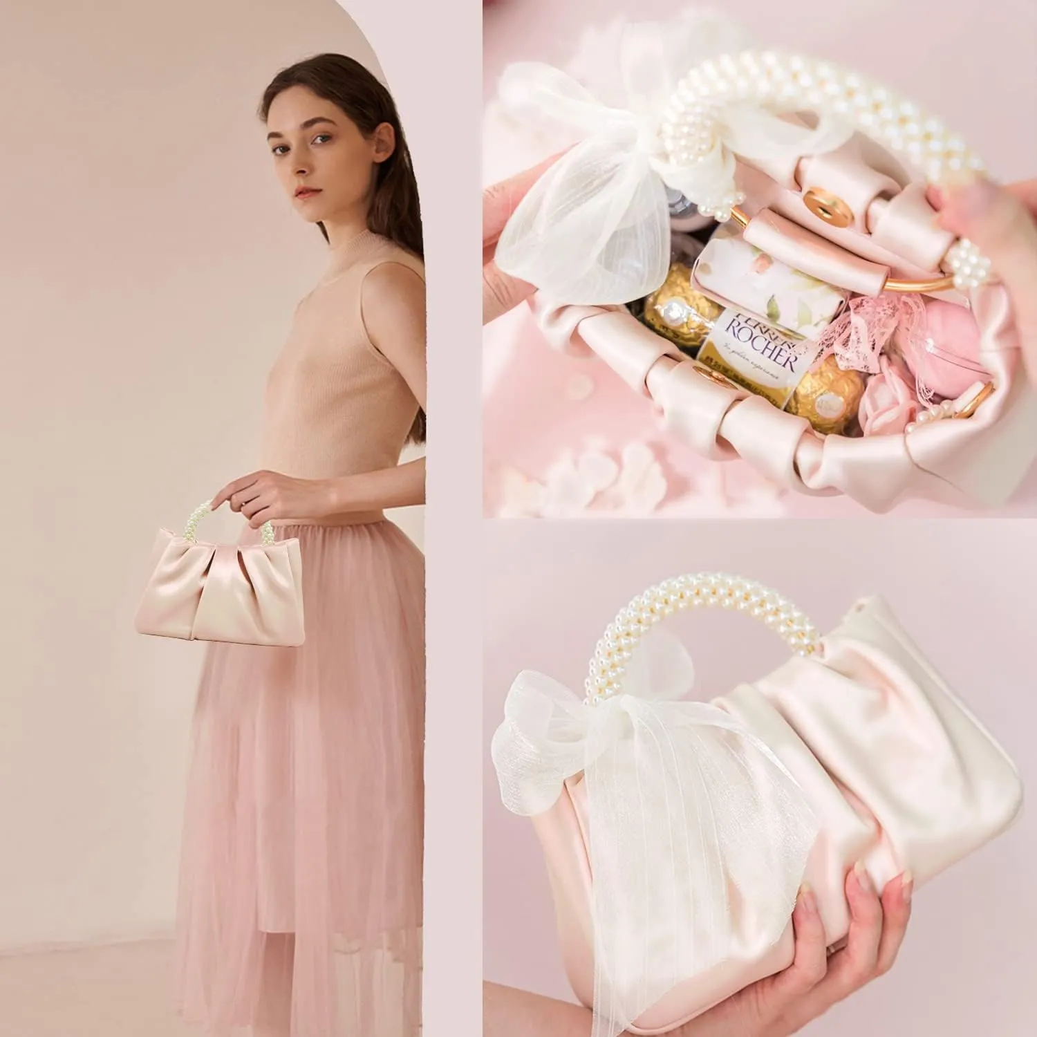 Beatfull Evening Purse Women Small Pearl Handbags Soft Leather Ruched Bag Wedding Bridal Clutch Party Prom Crossbody Purses