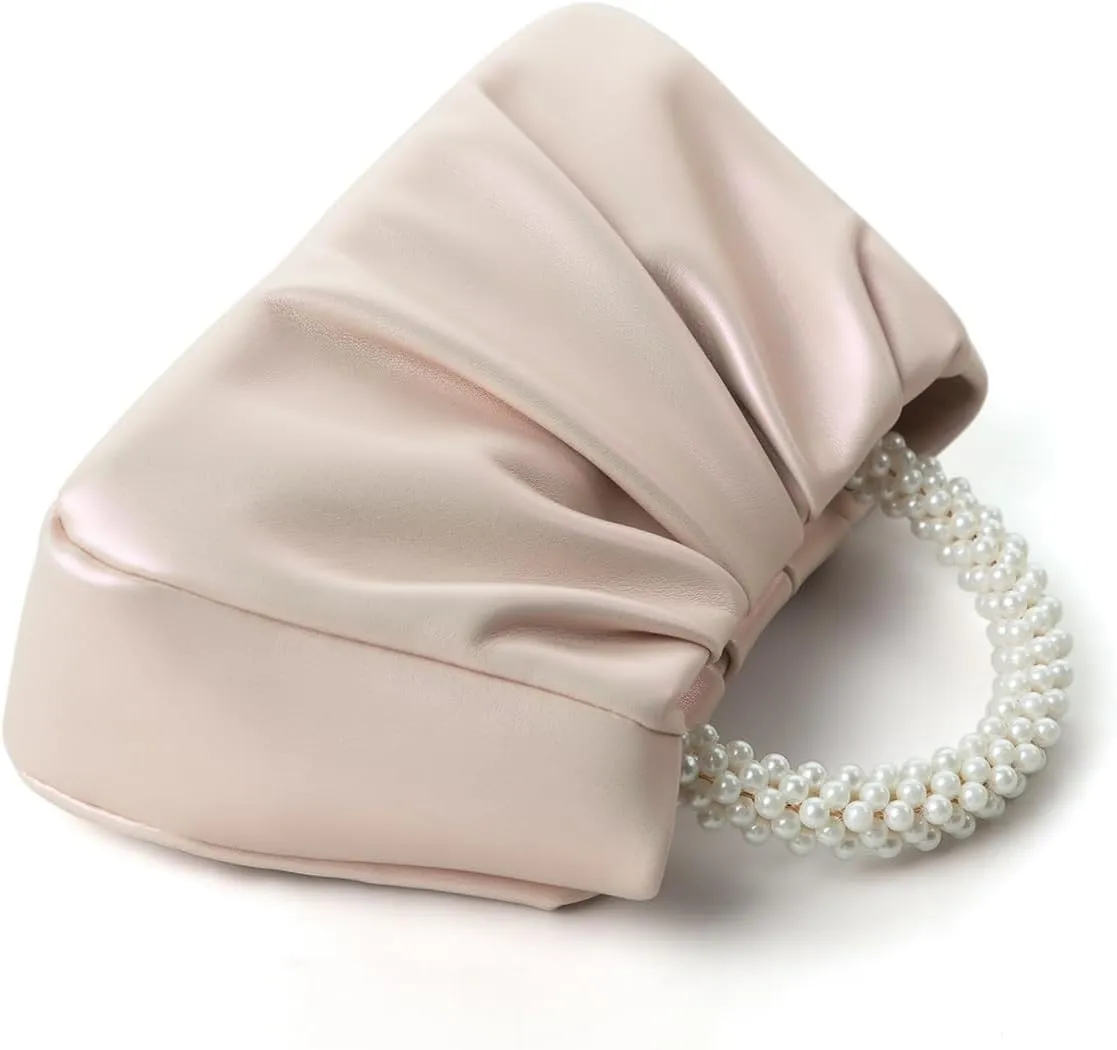 Beatfull Evening Purse Women Small Pearl Handbags Soft Leather Ruched Bag Wedding Bridal Clutch Party Prom Crossbody Purses