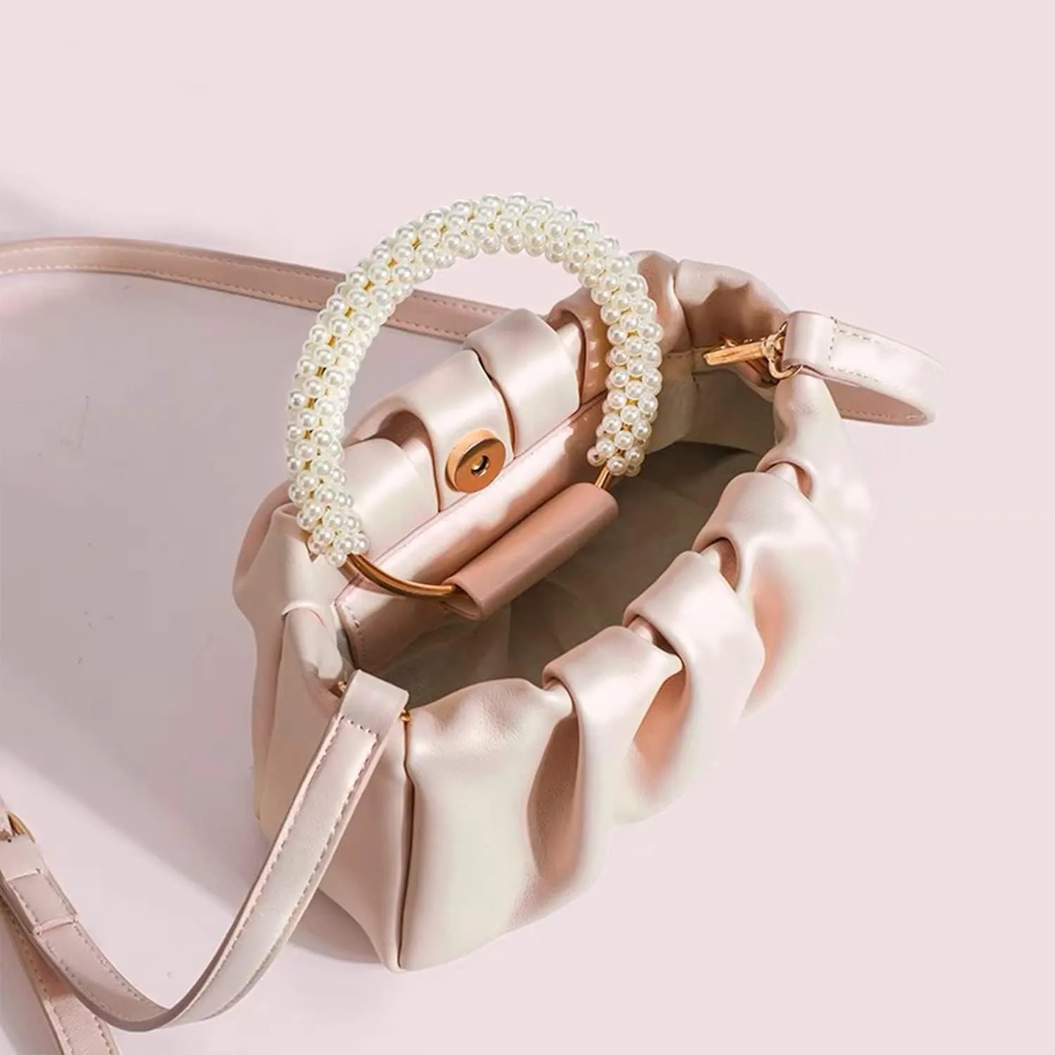 Beatfull Evening Purse Women Small Pearl Handbags Soft Leather Ruched Bag Wedding Bridal Clutch Party Prom Crossbody Purses