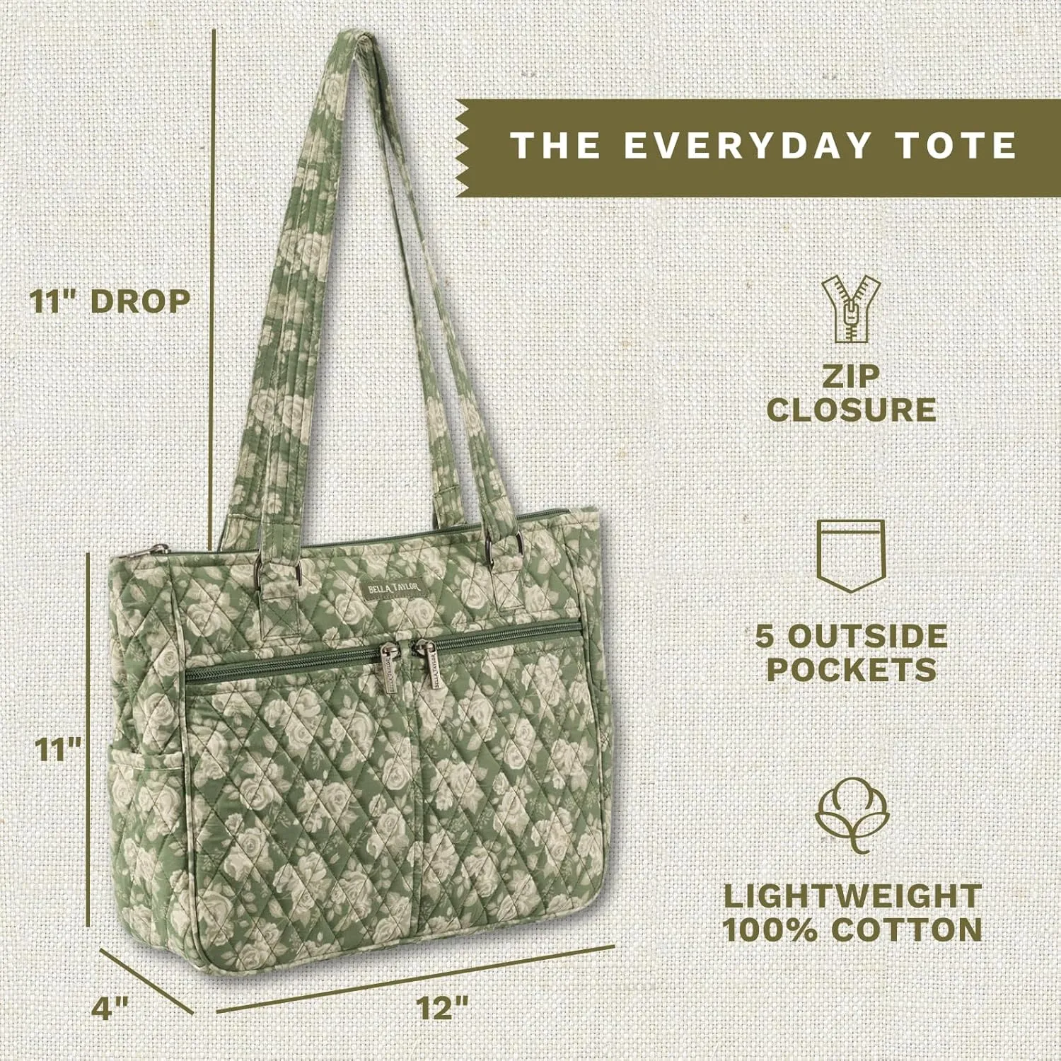 Bella Taylor Everyday Tote | Lightweight Quilted Fabric Handbags for Women