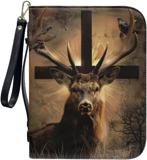 Bible Cover for Women Men Bible Carrying Case with Pen Storage Portable Bible Tote Bag for Church Travel Trendy Handbags for Bible Journaling Supplies Gifts,Pigeon Cross Deer 1
