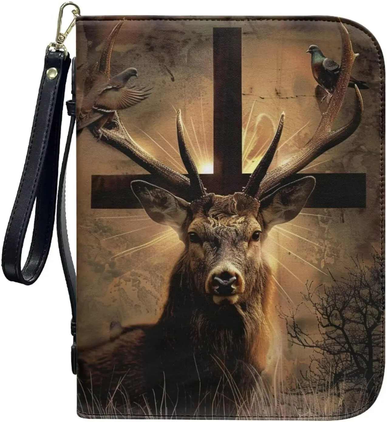 Bible Cover for Women Men Bible Carrying Case with Pen Storage Portable Bible Tote Bag for Church Travel Trendy Handbags for Bible Journaling Supplies Gifts,Pigeon Cross Deer 1
