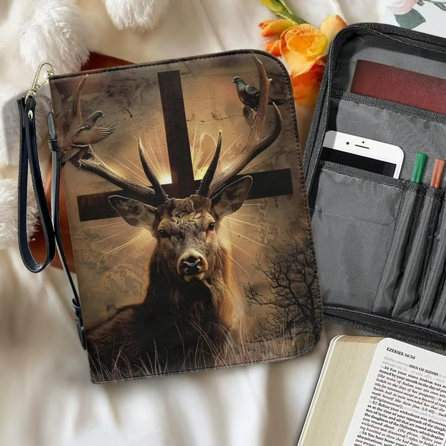 Bible Cover for Women Men Bible Carrying Case with Pen Storage Portable Bible Tote Bag for Church Travel Trendy Handbags for Bible Journaling Supplies Gifts,Pigeon Cross Deer 1
