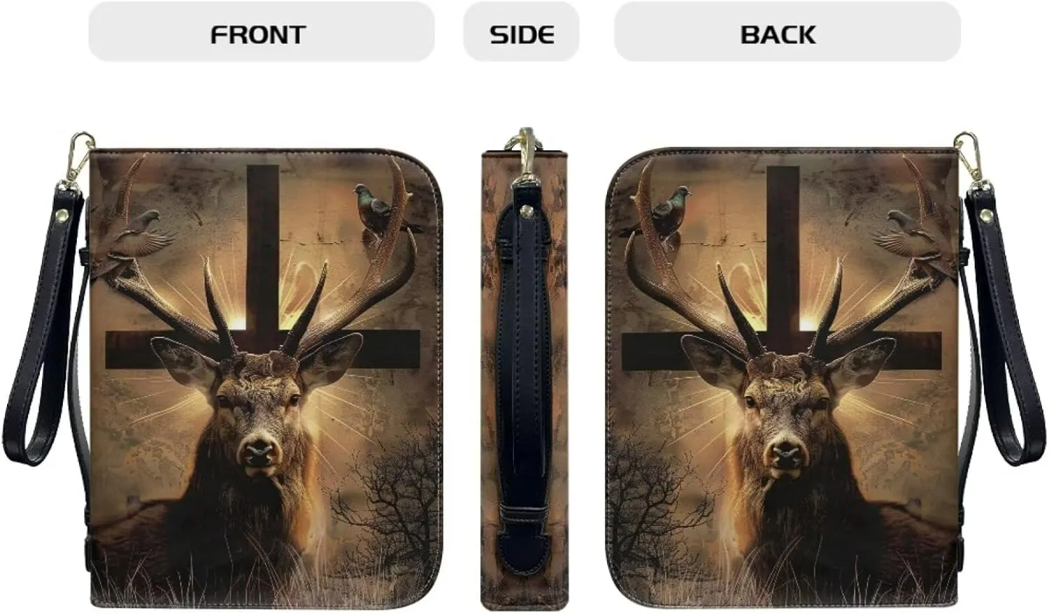 Bible Cover for Women Men Bible Carrying Case with Pen Storage Portable Bible Tote Bag for Church Travel Trendy Handbags for Bible Journaling Supplies Gifts,Pigeon Cross Deer 1