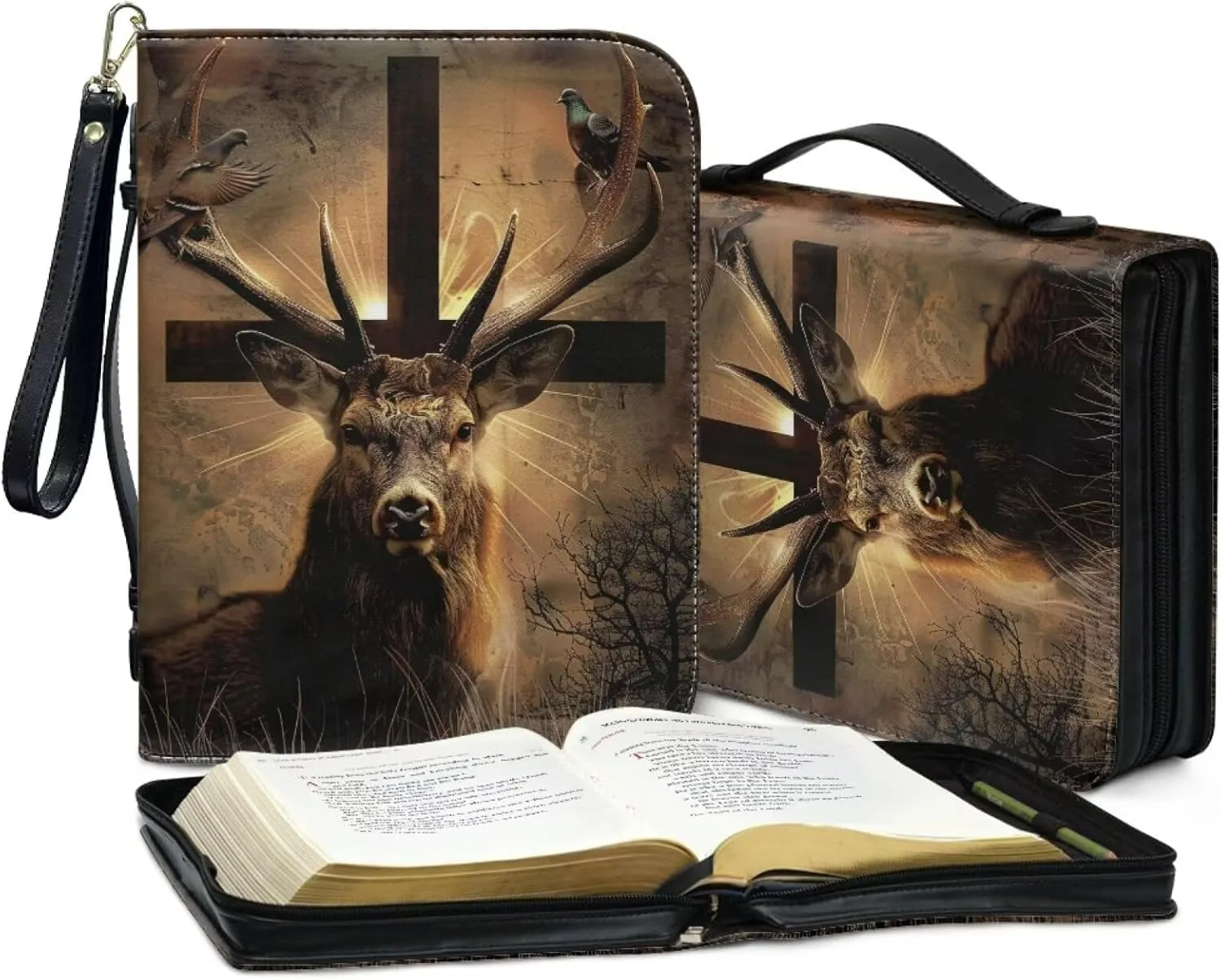 Bible Cover for Women Men Bible Carrying Case with Pen Storage Portable Bible Tote Bag for Church Travel Trendy Handbags for Bible Journaling Supplies Gifts,Pigeon Cross Deer 1