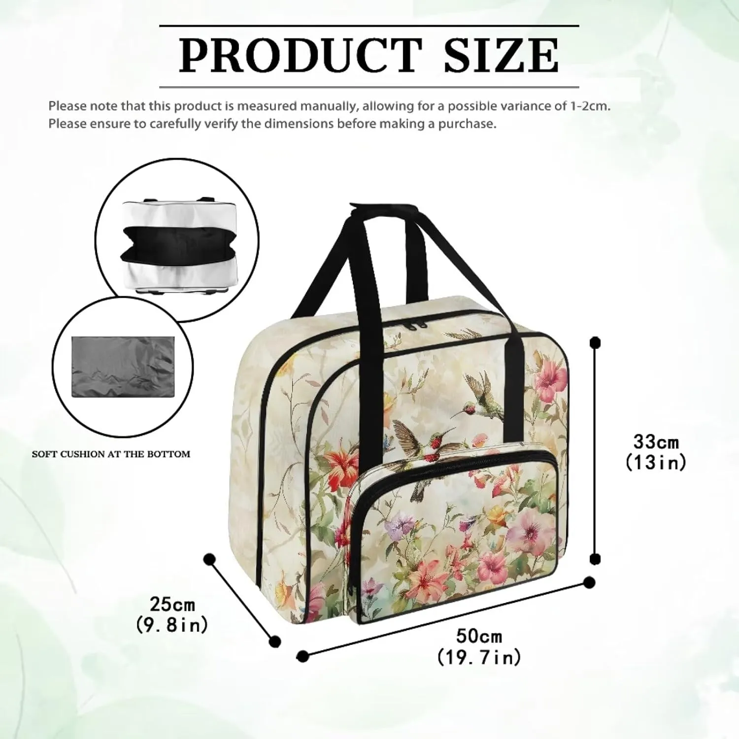 Bird Flowers Sewing Machine Tote Bag Two Way Zipper Household Sewing Machine Handbags Portable Sewing Machine Case for Outdoor Traveling Camping Use (Bag Only)