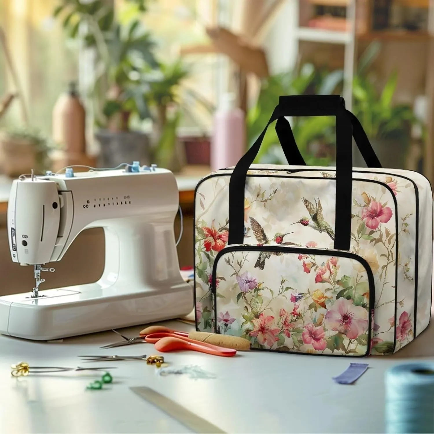 Bird Flowers Sewing Machine Tote Bag Two Way Zipper Household Sewing Machine Handbags Portable Sewing Machine Case for Outdoor Traveling Camping Use (Bag Only)