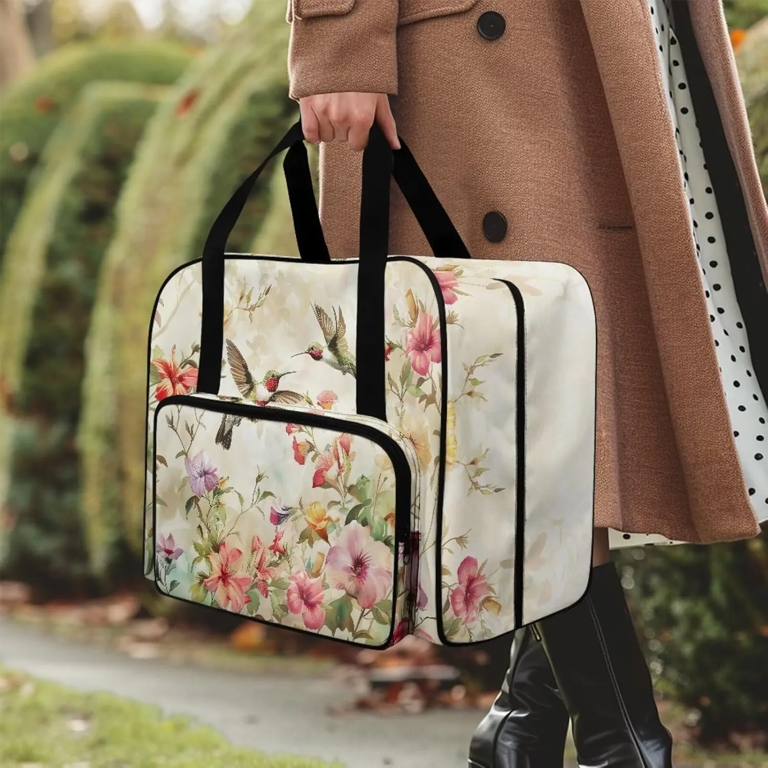 Bird Flowers Sewing Machine Tote Bag Two Way Zipper Household Sewing Machine Handbags Portable Sewing Machine Case for Outdoor Traveling Camping Use (Bag Only)