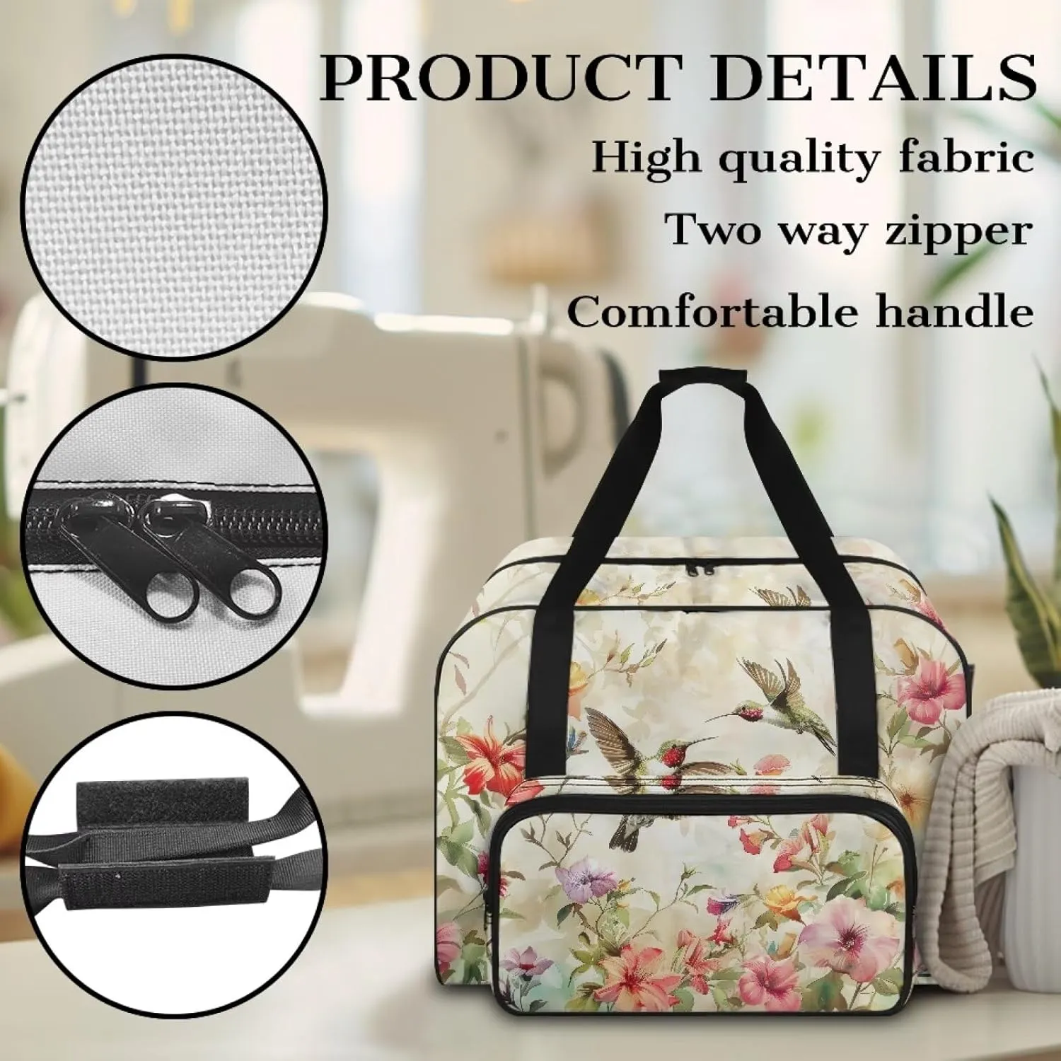 Bird Flowers Sewing Machine Tote Bag Two Way Zipper Household Sewing Machine Handbags Portable Sewing Machine Case for Outdoor Traveling Camping Use (Bag Only)