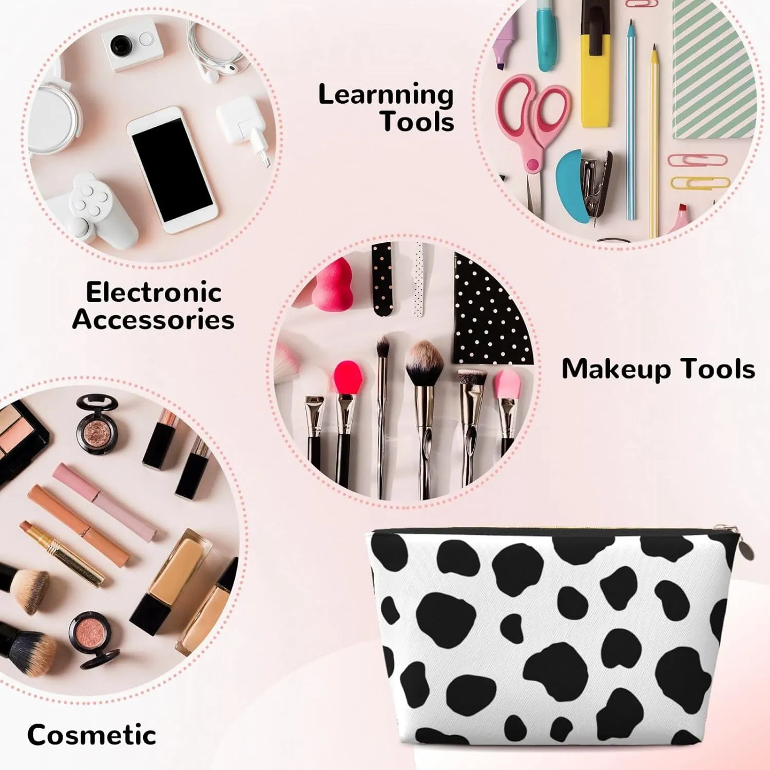 Black And White Cow Pattern Cosmetic Bag Travel Makeup Bag Organizer Toiletry Bag with Zipper Storage Pouch Coin Purse Brushes for Women Girls Gifts