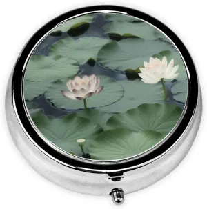 Black Lily Pads Pill Box Round Pill Case for Pocket Purse 3 Compartment Medicine Pill Organizer Cute Portable Travel Pillbox Vitamin Cod Liver Oil Storage Box Unique Gift Organizer