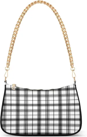 Black Plaid Shoulder Bag for Women Hobo Tote Handbag Gold Chain Crossbody Bag with Zipper Clutch Purse Handbags