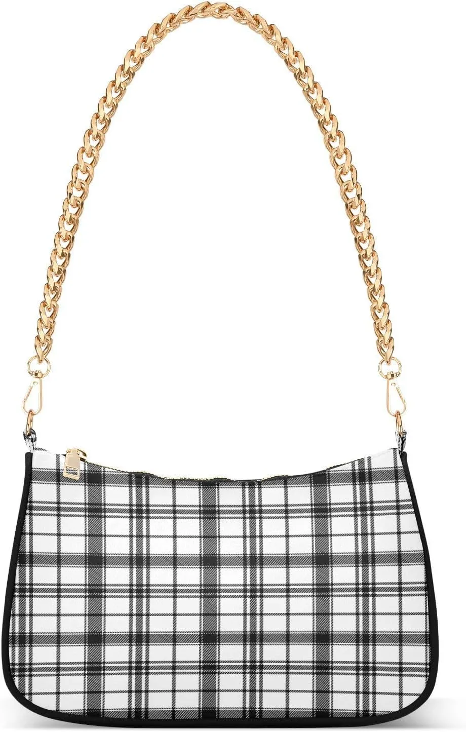 Black Plaid Shoulder Bag for Women Hobo Tote Handbag Gold Chain Crossbody Bag with Zipper Clutch Purse Handbags
