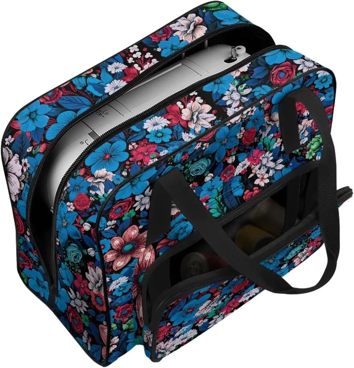 Blue Floral Sewing Machine Tote Bag Universal Travel Storage Bag for Sewing Machines, Portable Sewing Case with Multiple Storage Pockets, Household Sewing Machine Handbags
