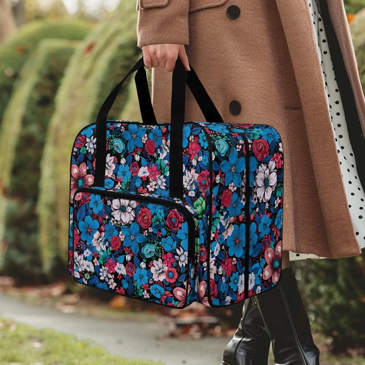 Blue Floral Sewing Machine Tote Bag Universal Travel Storage Bag for Sewing Machines, Portable Sewing Case with Multiple Storage Pockets, Household Sewing Machine Handbags