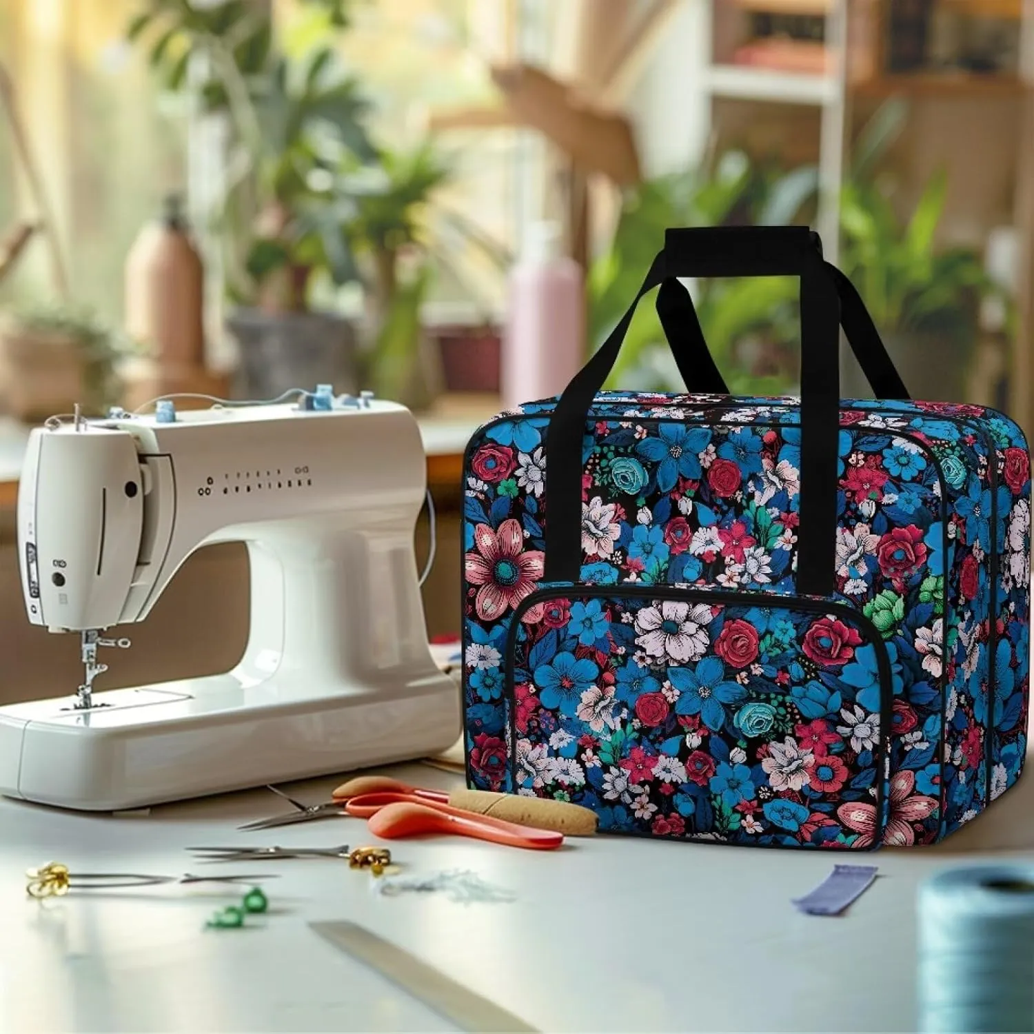 Blue Floral Sewing Machine Tote Bag Universal Travel Storage Bag for Sewing Machines, Portable Sewing Case with Multiple Storage Pockets, Household Sewing Machine Handbags
