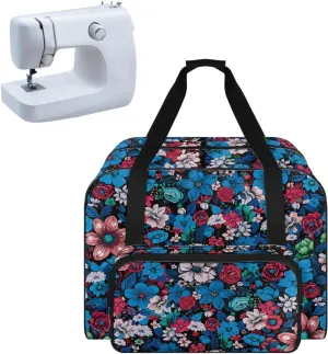 Blue Floral Sewing Machine Tote Bag Universal Travel Storage Bag for Sewing Machines, Portable Sewing Case with Multiple Storage Pockets, Household Sewing Machine Handbags