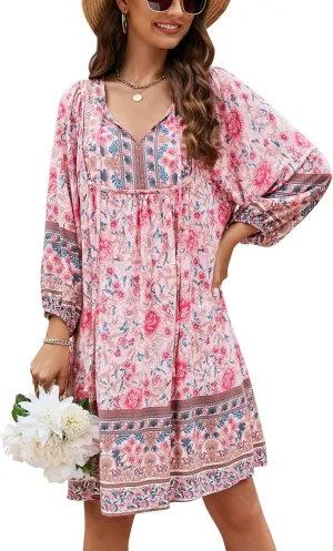 Bluetime Women Casual Summer Dress Boho V Neck 3/4 Sleeve Babydoll Floral Print Flowy Beach Dress