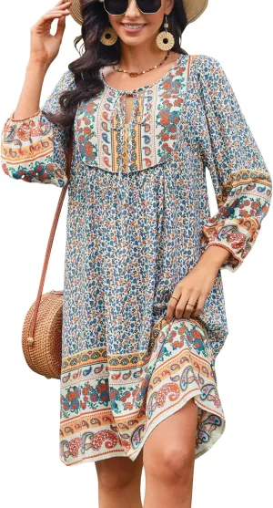 Bluetime Women Casual Summer Dress Boho V Neck 3/4 Sleeve Babydoll Floral Print Flowy Beach Dress