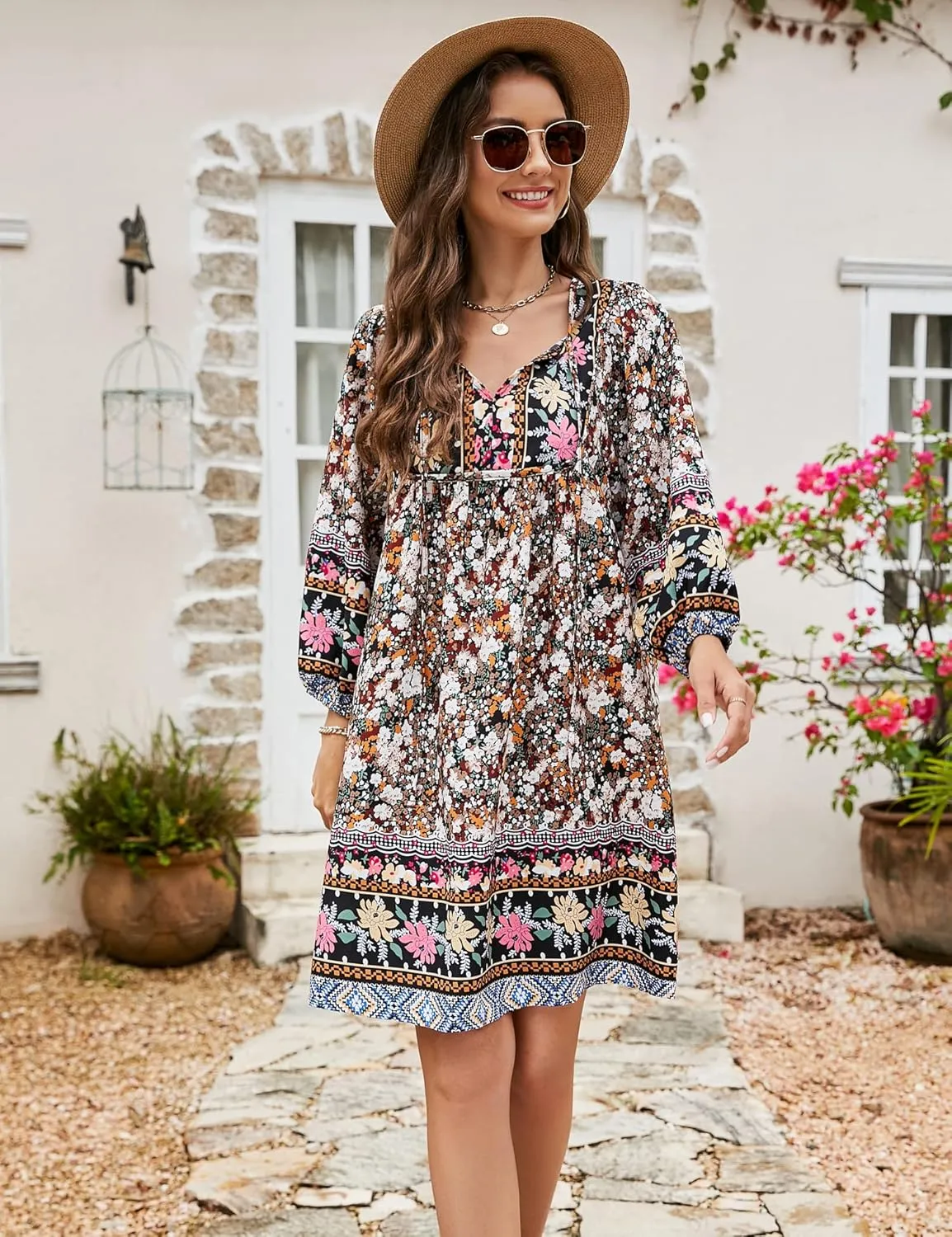 Bluetime Women Casual Summer Dress Boho V Neck 3/4 Sleeve Babydoll Floral Print Flowy Beach Dress