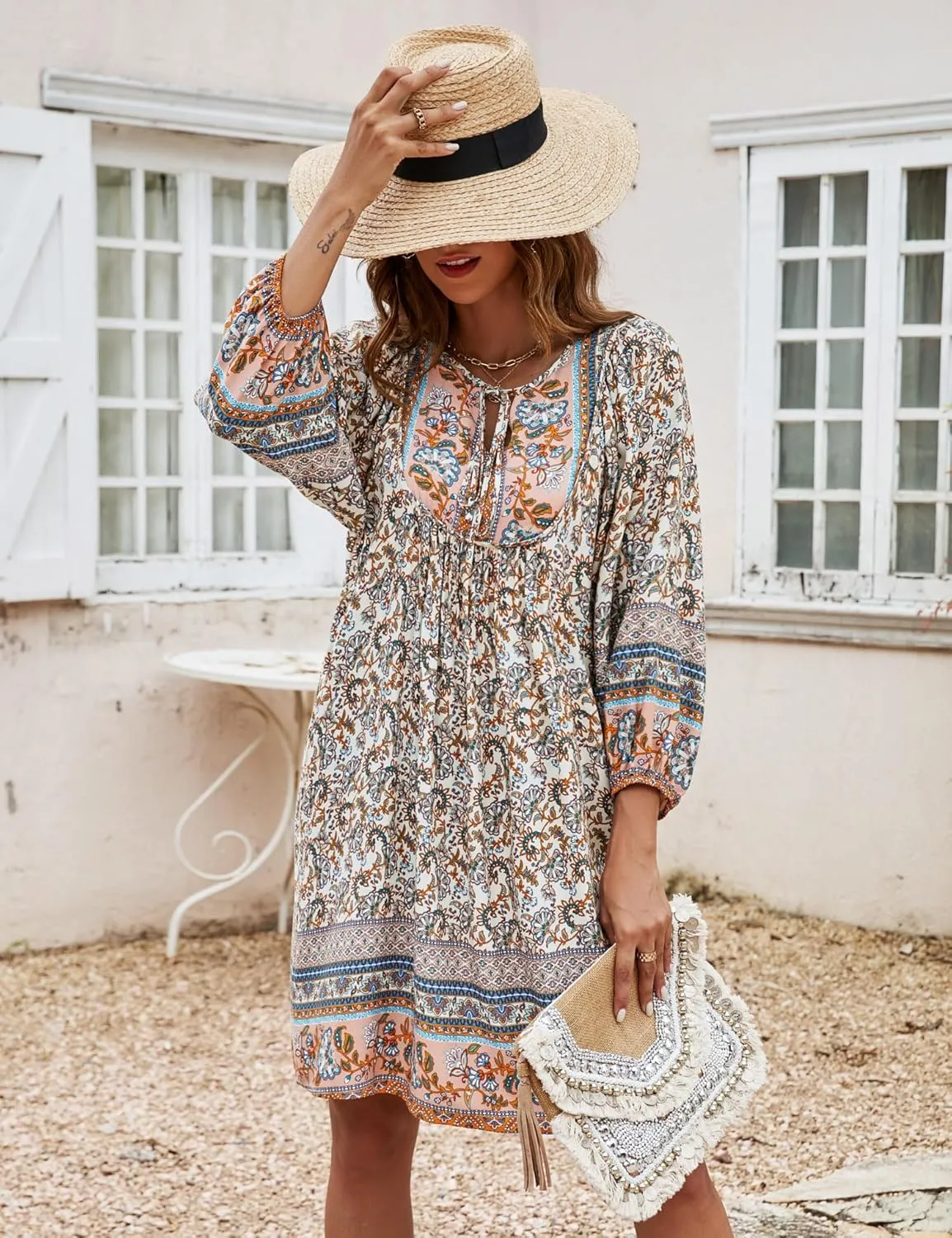 Bluetime Women Casual Summer Dress Boho V Neck 3/4 Sleeve Babydoll Floral Print Flowy Beach Dress