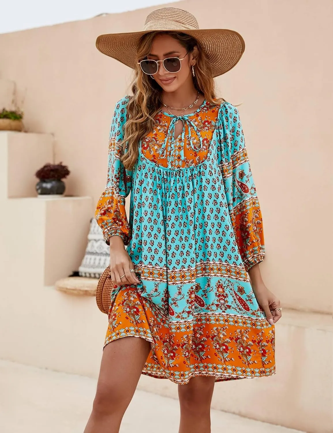 Bluetime Women Casual Summer Dress Boho V Neck 3/4 Sleeve Babydoll Floral Print Flowy Beach Dress