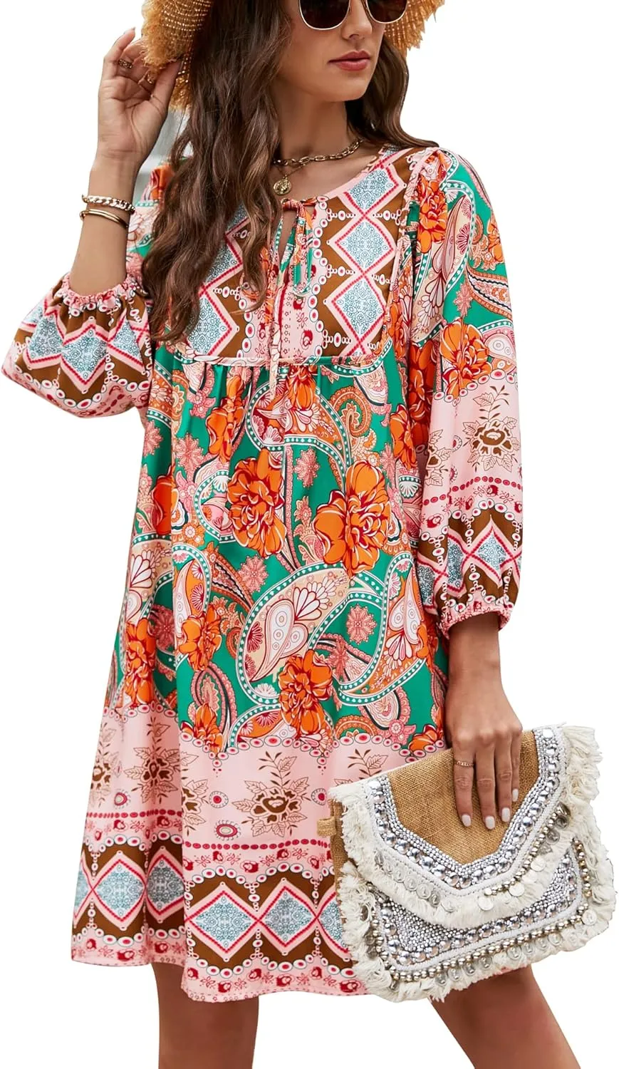 Bluetime Women Casual Summer Dress Boho V Neck 3/4 Sleeve Babydoll Floral Print Flowy Beach Dress