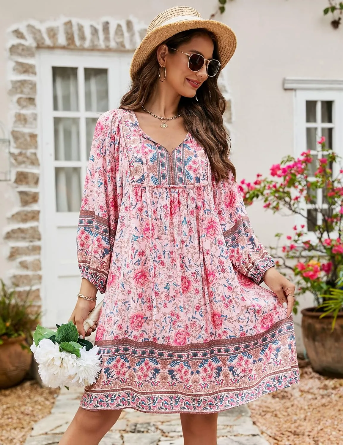 Bluetime Women Casual Summer Dress Boho V Neck 3/4 Sleeve Babydoll Floral Print Flowy Beach Dress