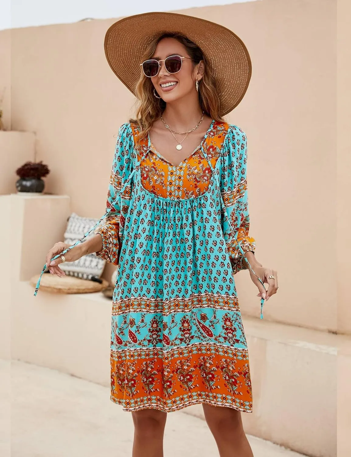 Bluetime Women Casual Summer Dress Boho V Neck 3/4 Sleeve Babydoll Floral Print Flowy Beach Dress