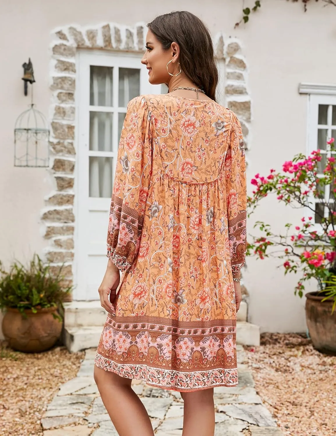 Bluetime Women Casual Summer Dress Boho V Neck 3/4 Sleeve Babydoll Floral Print Flowy Beach Dress