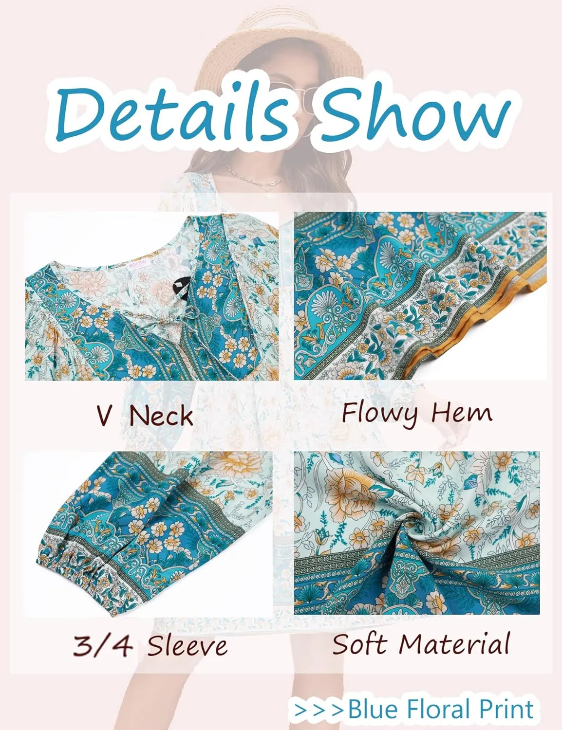 Bluetime Women Casual Summer Dress Boho V Neck 3/4 Sleeve Babydoll Floral Print Flowy Beach Dress