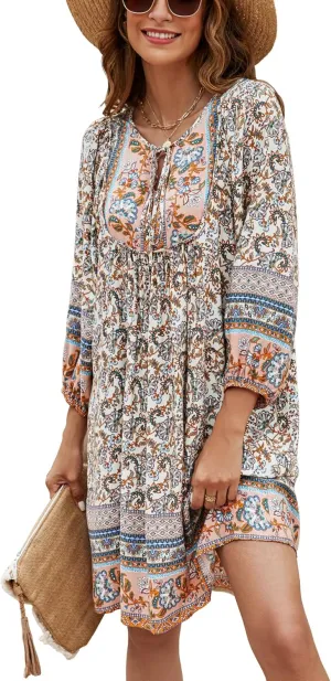 Bluetime Women Casual Summer Dress Boho V Neck 3/4 Sleeve Babydoll Floral Print Flowy Beach Dress