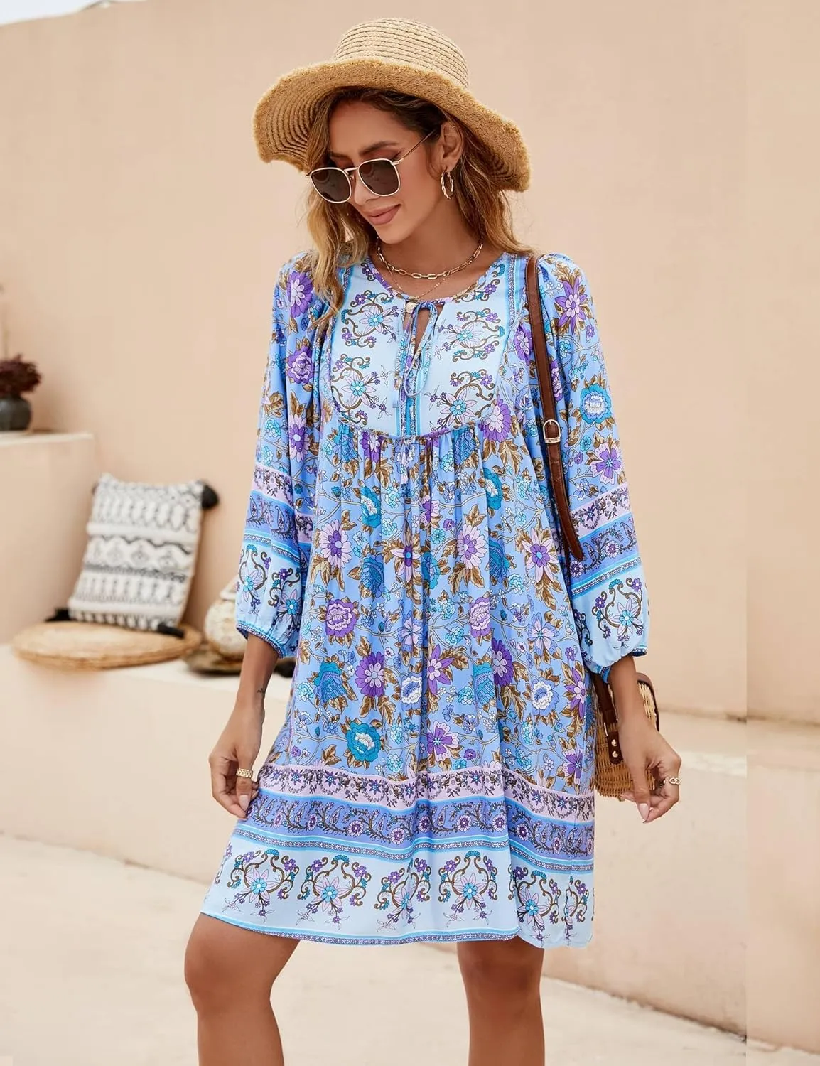 Bluetime Women Casual Summer Dress Boho V Neck 3/4 Sleeve Babydoll Floral Print Flowy Beach Dress