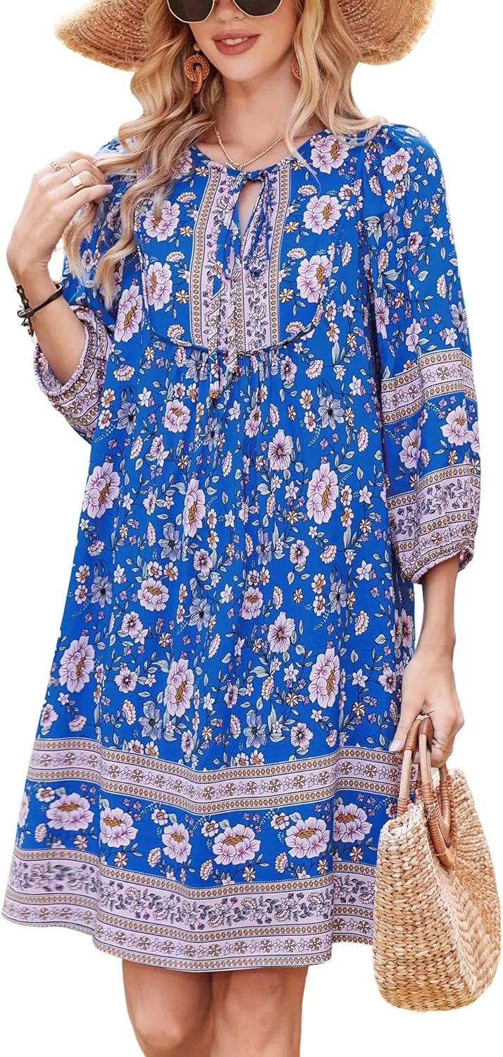 Bluetime Women Casual Summer Dress Boho V Neck 3/4 Sleeve Babydoll Floral Print Flowy Beach Dress