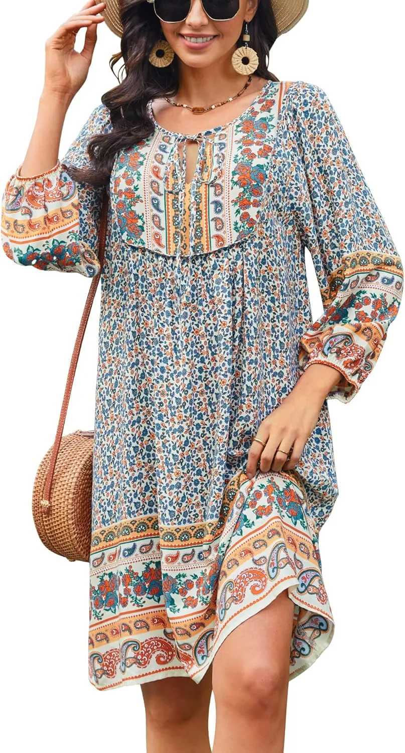 Bluetime Women Casual Summer Dress Boho V Neck 3/4 Sleeve Babydoll Floral Print Flowy Beach Dress