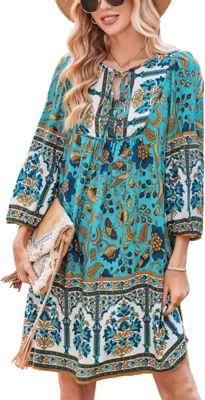 Bluetime Women Casual Summer Dress Boho V Neck 3/4 Sleeve Babydoll Floral Print Flowy Beach Dress