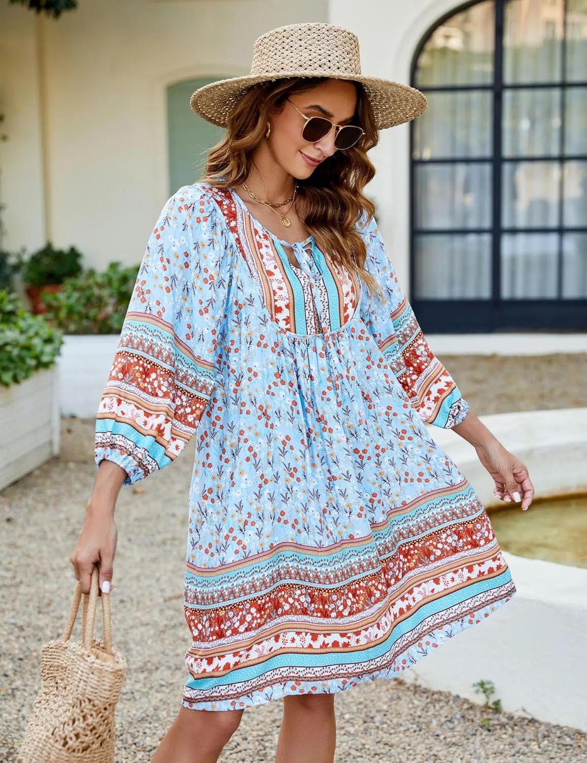 Bluetime Women Casual Summer Dress Boho V Neck 3/4 Sleeve Babydoll Floral Print Flowy Beach Dress