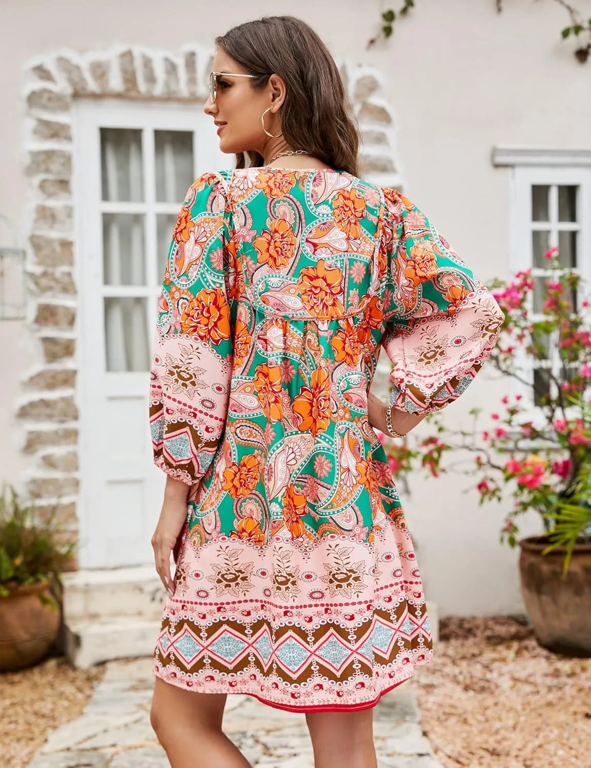 Bluetime Women Casual Summer Dress Boho V Neck 3/4 Sleeve Babydoll Floral Print Flowy Beach Dress