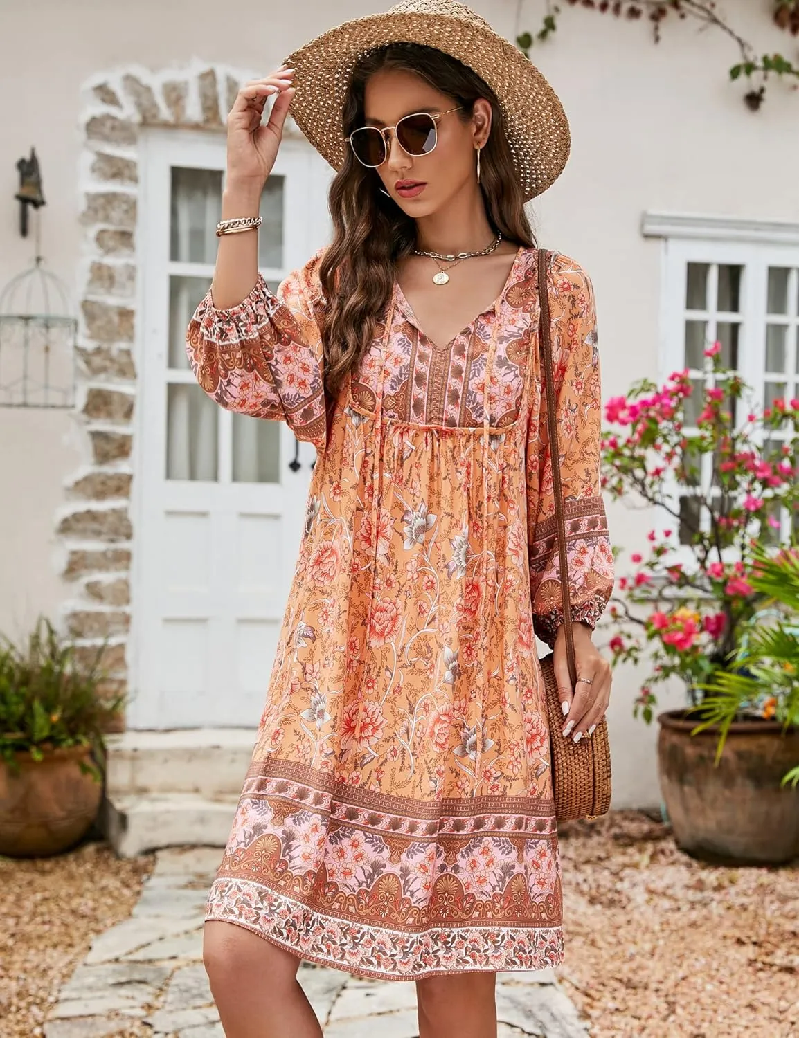 Bluetime Women Casual Summer Dress Boho V Neck 3/4 Sleeve Babydoll Floral Print Flowy Beach Dress