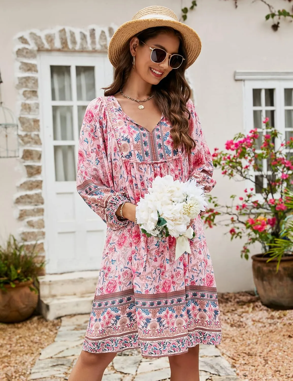 Bluetime Women Casual Summer Dress Boho V Neck 3/4 Sleeve Babydoll Floral Print Flowy Beach Dress