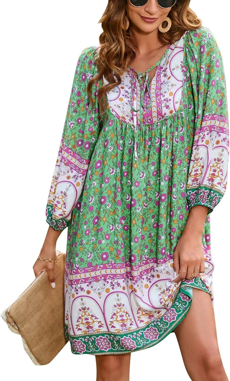 Bluetime Women Casual Summer Dress Boho V Neck 3/4 Sleeve Babydoll Floral Print Flowy Beach Dress