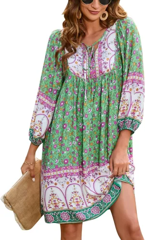 Bluetime Women Casual Summer Dress Boho V Neck 3/4 Sleeve Babydoll Floral Print Flowy Beach Dress